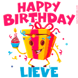 A vibrant and funny gift box character with a happy face dancing with a cupcake and the text 'Happy Birthday Lieve,' surrounded by animated confetti and party vibes.