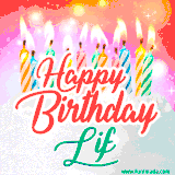 Bright birthday candles with rainbow flames on a cake, alongside the text 'Happy Birthday Lif' in vibrant script in this celebratory animated GIF.