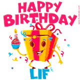 A vibrant and funny gift box character with a happy face dancing with a cupcake and the text 'Happy Birthday Lif,' surrounded by animated confetti and party vibes.