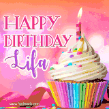 A vibrant birthday GIF featuring a rainbow-colored cupcake topped with white frosting, sprinkles, and a lit candle. The text reads 'Happy Birthday Lifa' in bold pink and violet letters with white outline.