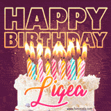 A colorful birthday cake topped with lit candles, with the words 'Happy Birthday Ligea' in bold glowing letters on a burgundy background. Animated flames add a festive touch.
