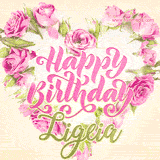 A stunning heart made of pink roses surrounds the elegant script text 'Happy Birthday Ligeia' on a soft beige background. Animated sparkles add a magical and festive feel.