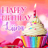 A vibrant birthday GIF featuring a rainbow-colored cupcake topped with white frosting, sprinkles, and a lit candle. The text reads 'Happy Birthday Liina' in bold pink and violet letters with white outline.