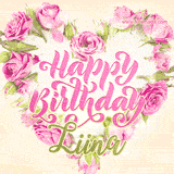 A stunning heart made of pink roses surrounds the elegant script text 'Happy Birthday Liina' on a soft beige background. Animated sparkles add a magical and festive feel.