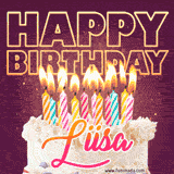 A colorful birthday cake topped with lit candles, with the words 'Happy Birthday Liisa' in bold glowing letters on a burgundy background. Animated flames add a festive touch.