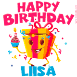 A vibrant and funny gift box character with a happy face dancing with a cupcake and the text 'Happy Birthday Liisa,' surrounded by animated confetti and party vibes.