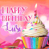 A vibrant birthday GIF featuring a rainbow-colored cupcake topped with white frosting, sprinkles, and a lit candle. The text reads 'Happy Birthday Liisi' in bold pink and violet letters with white outline.