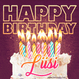 A colorful birthday cake topped with lit candles, with the words 'Happy Birthday Liisi' in bold glowing letters on a burgundy background. Animated flames add a festive touch.