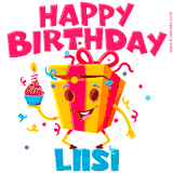 A vibrant and funny gift box character with a happy face dancing with a cupcake and the text 'Happy Birthday Liisi,' surrounded by animated confetti and party vibes.