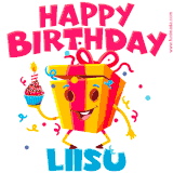 A vibrant and funny gift box character with a happy face dancing with a cupcake and the text 'Happy Birthday Liisu,' surrounded by animated confetti and party vibes.
