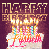 A colorful birthday cake topped with lit candles, with the words 'Happy Birthday Lijsbeth' in bold glowing letters on a burgundy background. Animated flames add a festive touch.