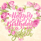 A stunning heart made of pink roses surrounds the elegant script text 'Happy Birthday Lijsbeth' on a soft beige background. Animated sparkles add a magical and festive feel.