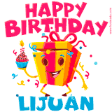 A vibrant and funny gift box character with a happy face dancing with a cupcake and the text 'Happy Birthday Lijuan,' surrounded by animated confetti and party vibes.