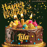 A delightful chocolate birthday cake with bright candles and 'Happy Birthday Lila' written in gold amidst a shower of animated stars.