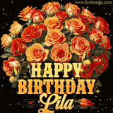 Animated bouquet of orange roses with moving butterfles and golden 'Happy Birthday Lila' text, surrounded by sparkling accents and a dark backdrop for a luxurious feel.