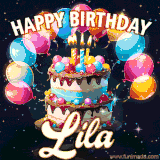 Bright birthday animation for Lila with a chocolate cake, candles, balloons, and glowing celebratory lights.
