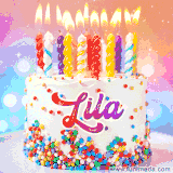 A cheerful white birthday cake with multicolor sprinkles, lit candles, and 'Lila' written in vibrant letters, in an animated GIF.