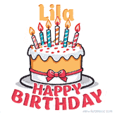 Cartoon birthday cake with a red bow, glowing candles, and 'Lila Happy Birthday' text in bold animated style.