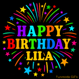 Personalized greeting card with name, colorful text that says 'Happy Birthday Lila' surrounded by animated fireworks and multicolor stars