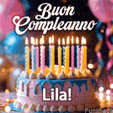 Birthday cake topped with pink and yellow lit candles, surrounded by glowing bokeh lights and party balloons. The greeting 'Buon Compleanno Lila GIF!' is displayed.