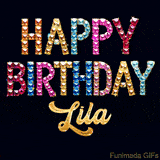 Vibrant luxury birthday greeting card for Lila, showing glittering gemstone letters and golden calligraphy on a dark background with twinkling shine effects.