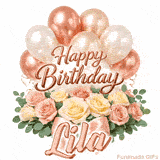 Stylish pink and gold Happy Birthday Lila animation with floral decor