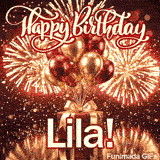 Elegant animated card featuring gold sparks and metallic balloons hovering above a red present box for Lila.