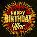 Golden 'Happy Birthday Lilac' text accompanied by animated rainbow fireworks for a festive animated greeting.