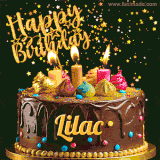 A delightful chocolate birthday cake with bright candles and 'Happy Birthday Lilac' written in gold amidst a shower of animated stars.