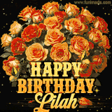 Animated bouquet of orange roses with moving butterfles and golden 'Happy Birthday Lilah' text, surrounded by sparkling accents and a dark backdrop for a luxurious feel.