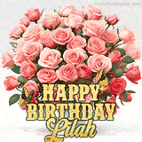 Golden 'Happy Birthday Lilah' text beneath a vibrant bouquet of orange roses, complete with glittering butterflies and sparkling details.