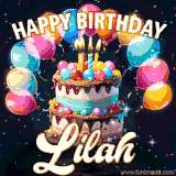 Bright birthday animation for Lilah with a chocolate cake, candles, balloons, and glowing celebratory lights.