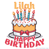 Cartoon birthday cake with a red bow, glowing candles, and 'Lilah Happy Birthday' text in bold animated style.