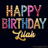 Vibrant luxury birthday greeting card for Lilah, showing glittering gemstone letters and golden calligraphy on a dark background with twinkling shine effects.