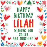 A colorful animated card for Lilah’s birthday featuring playful hearts, cheerful flowers, and a handwritten message wishing smiles and sunshine.