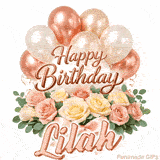 Beautiful cursive Happy Birthday Lilah text beautifully decorated with flowers