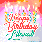 Bright birthday candles with rainbow flames on a cake, alongside the text 'Happy Birthday Lilavati' in vibrant script in this celebratory animated GIF.