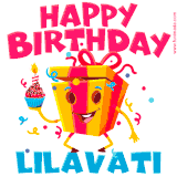 A vibrant and funny gift box character with a happy face dancing with a cupcake and the text 'Happy Birthday Lilavati,' surrounded by animated confetti and party vibes.