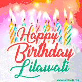 Bright birthday candles with rainbow flames on a cake, alongside the text 'Happy Birthday Lilawati' in vibrant script in this celebratory animated GIF.