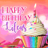 A vibrant birthday GIF featuring a rainbow-colored cupcake topped with white frosting, sprinkles, and a lit candle. The text reads 'Happy Birthday Lileas' in bold pink and violet letters with white outline.