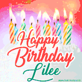 Bright birthday candles with rainbow flames on a cake, alongside the text 'Happy Birthday Lilee' in vibrant script in this celebratory animated GIF.