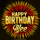 Golden 'Happy Birthday Lilee' text accompanied by animated rainbow fireworks for a festive animated greeting.