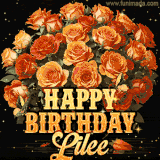 Animated bouquet of orange roses with moving butterfles and golden 'Happy Birthday Lilee' text, surrounded by sparkling accents and a dark backdrop for a luxurious feel.