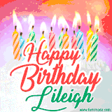 Bright birthday candles with rainbow flames on a cake, alongside the text 'Happy Birthday Lileigh' in vibrant script in this celebratory animated GIF.
