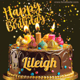 A delightful chocolate birthday cake with bright candles and 'Happy Birthday Lileigh' written in gold amidst a shower of animated stars.