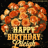 Animated bouquet of orange roses with moving butterfles and golden 'Happy Birthday Lileigh' text, surrounded by sparkling accents and a dark backdrop for a luxurious feel.