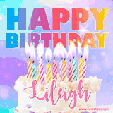A vibrant animated name GIF with the words 'Happy Birthday Lileigh' with colorful candles on a creamy cake. The background sparkles with pastel shades, adding a festive touch.