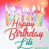Bright birthday candles with rainbow flames on a cake, alongside the text 'Happy Birthday Lili' in vibrant script in this celebratory animated GIF.