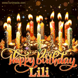 A glowing personalized birthday GIF with name Lili featuring lit candles with intricate designs, warm lighting, and the text 'Happy Birthday' in an elegant font.