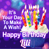 A colorful birthday GIF for Lili featuring a cupcake with vibrant lit candles and the text 'It's Your Day to Make a Wish! Happy Birthday Lili' in bold letters on a festive purple background.